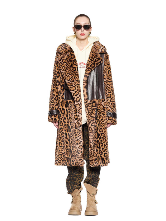 Greedilous Leopard Leather Combi Fur Coat