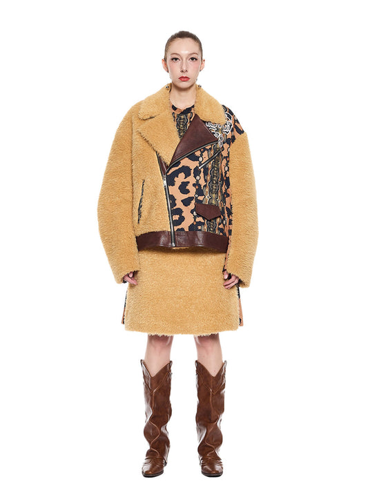 Greedilous Leopard Slogan Printing Fur Biker Jacket