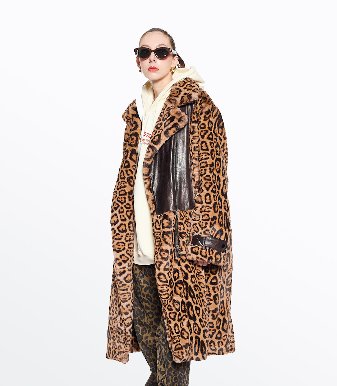 Greedilous Leopard Leather Combi Fur Coat
