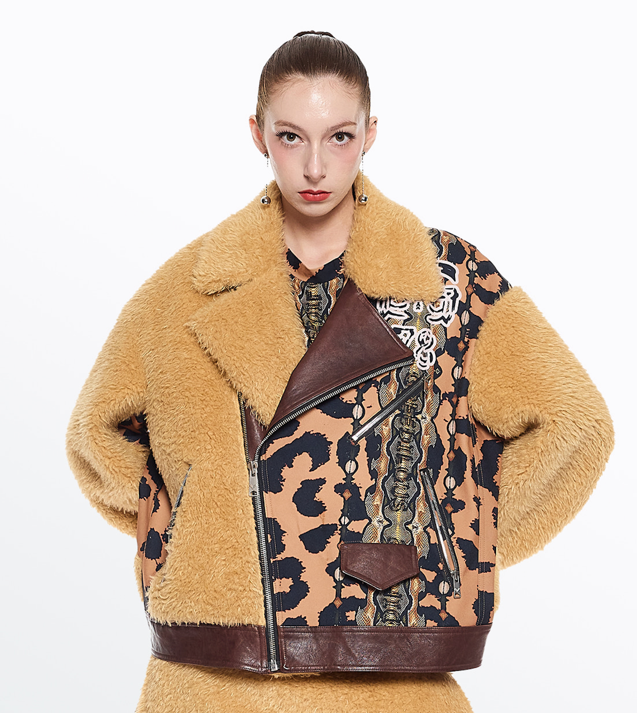 Greedilous Leopard Slogan Printing Fur Biker Jacket