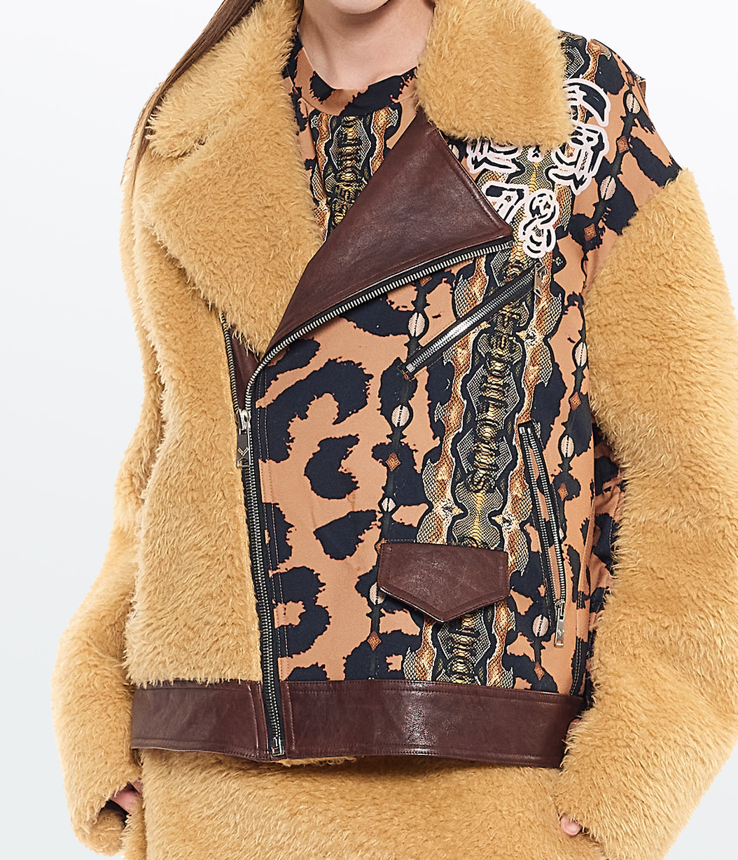 Greedilous Leopard Slogan Printing Fur Biker Jacket