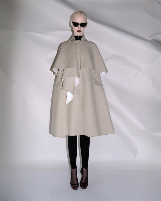 VICKTEERUT Front Pleat Stripe Cape Coat