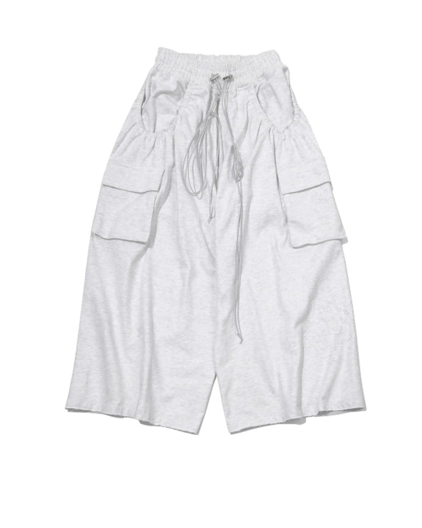 ASP LOGO BEEDS PLEATS POCKET WIDE PANTS GREY